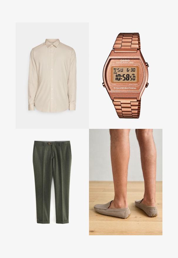 Blazer de lana verde con cuello de muesca, cierre de botón marrón y dos bolsillos frontales. El interior cuenta con un forro estampado y un pañuelo de bolsillo.; Camisa beige de manga larga con botones y cuello, con un corte recto y una textura suave. Tiene botones blancos en la parte frontal.; Pantalones verde oscuro de tela texturizada, con bolsillos laterales, cierre frontal con botón y dobladillos enrollados para un aspecto ajustado.; Zapatos slip-on de ante beige con punta redondeada y costuras decorativas, con suelas de goma texturizadas que presentan pequeños acentos dorados.; Reloj digital Casio con una correa de metal en color oro rosa, caja rectangular, pantalla iluminada y resistencia al agua, que muestra la hora y la fecha.