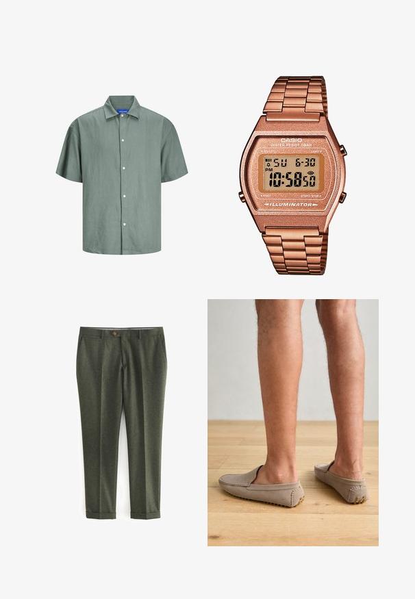 Zelený vlněný blejzr s klopovým límcem, hnědým zapínáním na knoflík a dvěma předními kapsami. Interiér obsahuje vzorovanou podšívku a kapesník.; Krátký rukáv, zelená košile na knoflíky vyrobená z lehkého materiálu. Má klasický límec a bílé knoflíky vpředu. Neformální design.; Tmavě zelené kalhoty vyrobené z texturované tkaniny, se bočními kapsami, předním zapínáním na knoflík a ohrnutými manžetami pro upravený vzhled.; Béžové semišové boty na klínku s kulatou špičkou a dekorativním prošíváním, s texturovanou gumovou podrážkou a malými zlatými akcenty.; Digitální hodinky Casio s kovovým řemínkem v růžovém zlatě, obdélníkovým pouzdrem, podsvíceným displejem a vodotěsností, zobrazující čas a datum.