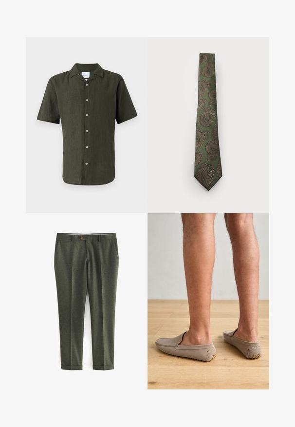 Grüne Wollblazer mit Reverskragen, braunem Knopfverschluss und zwei Fronttaschen. Das Innere ist mit einem gemusterten Futter und einem Einstecktuch versehen.; Kurzärmliges, dunkelgrünes Leinenhemd mit Kragen, durchgehender Knopfleiste und geradem Saum. Strukturiertes Gewebe mit leichtem Glanz.; Dunkelgrüne Hosen aus strukturiertem Stoff, mit seitlichen Taschen, einem vorderen Knopfverschluss und umgeschlagenen Säumen für einen maßgeschneiderten Look.; Beige Wildleder Slipper mit runder Zehenpartie und dekorativen Nähten, ausgestattet mit strukturierten Gummisohlen mit kleinen goldenen Akzenten.; Grüne Krawatte mit einem Paisleymuster in Braun und Gold. Sie verfügt über einen strukturierten Stoff und ein schmales Design mit einer spitzen Spitze.; Digitaluhr von Casio mit einem roségoldenen Metallarmband, rechteckigem Gehäuse, beleuchtetem Display und Wasserfestigkeit, zeigt Uhrzeit und Datum an.