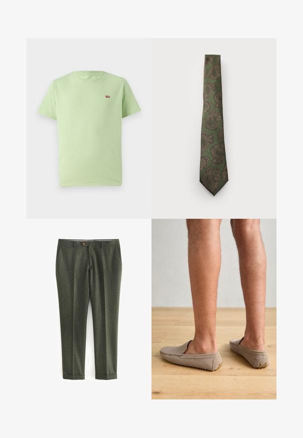 Zöld gyapjú blézer, kivágott gallérral, barna gombzárral és két elülső zsebből áll. A bélés mintás, zsebkendővel ellátva.; Világos zöld pamut póló, kerek nyakú, rövid ujjú, kis piros Levi's logóval hímezve a bal felső mellen. Puha tapintású.; Sötétzöld nadrág, texturált anyagból készült, oldalsó zsebekkel, elöl gombos zárással és felhajtott szárakkal a férfiasan elegáns megjelenés érdekében.; Beige velúr slip-on cipők lekerekített orral és díszvarrással, textúrált gumitalppal, kis arany díszítésekkel.; Zöld nyakkendő, barna és arany paisley mintával. Texturált anyaggal készült, keskeny kivitele és hegyes vége van.; Digitális Casio óra rózsaarany fém szíjjal, téglalap alakú házzal, megvilágított kijelzővel és vízállósággal, mutatja az időt és a dátumot.