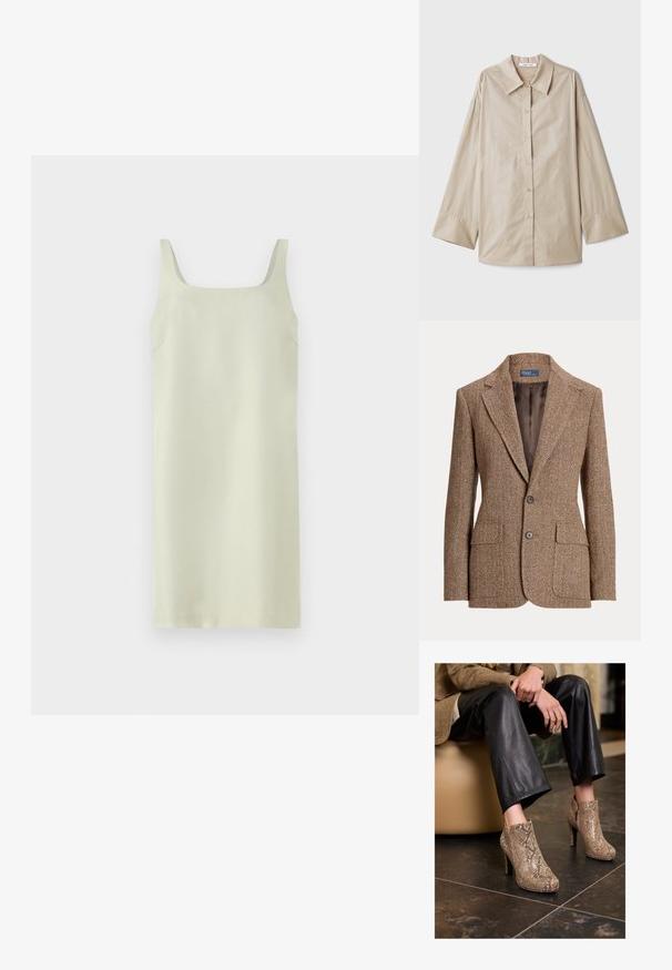 Blazer din lână maro în carouri hașurate, cu rever în notă, două buzunare frontale cu clapetă, două nasturi și căptușeală interioară netedă maro.; Rochie verde deschis, fără mâneci, cu decolteu pătrat, textură netedă și design minimalist; prezintă cusături laterale subtile, fără alte embellishments.; Cămașă bej cu mânecă lungă, cu un colier mare, ascuțit, cu închidere cu butoane la față și mansete late. Confecționată dintr-un material neted și ușor.; Persoană îmbrăcată în pantaloni din piele neagră și cizme cu toc înalt, cu model de șarpe bej, așezată pe un scaun bej în interior.