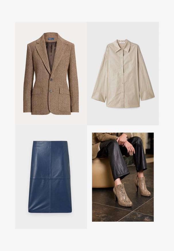 Hnědý vlněný blazer s bobřími vzory, s klopami, dvěma předními kapsami se záhybem, dvěma knoflíky a hladkým hnědým podšívkou.; Béžová košile s dlouhým rukávem, velkým špičatým límcem, knoflíkovým zapínáním a širokými manžetami. Vyrobena z hladkého, lehkého materiálu.; Námořnická kožená tužková sukně s hladkou, lesklou texturou, s jednoduchým, štíhlým designem a rovný střih. Bez viditelného kovového zapínání.; Osoba v černých kožených kalhotách a béžových vysokých botách s hadím vzorem, sedící na béžovém sedadle uvnitř.