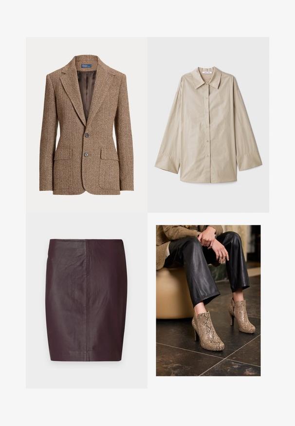 Brown herringbone wool blazer with notch lapels, two front flap pockets, two buttons, and smooth brown inner lining.; Beige long-sleeve shirt with a large pointed collar, button front, and wide sleeve cuffs. Made from a smooth, lightweight fabric.; Dark burgundy leather skirt with a smooth texture, fitted design, and a straight silhouette. Features minimal seams and no visible hardware.; Person wearing black leather pants and beige snakeskin-patterned high-heeled ankle boots, sitting on a beige seat indoors.