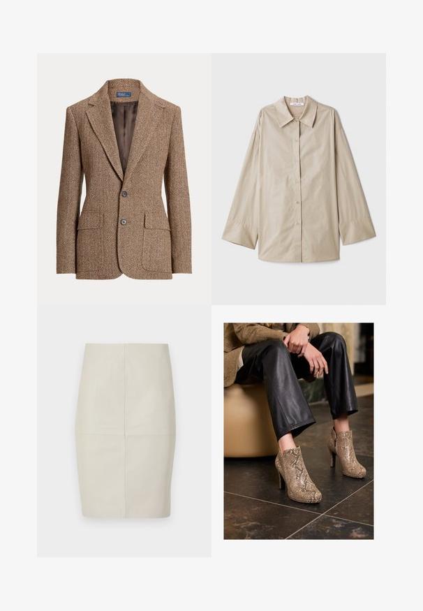 Bruine herringbone wollen blazer met notch revers, twee voorflapzakken, twee knopen en een gladde bruine voering.; Beige langmouwen shirt met een grote puntige kraag, knopen aan de voorkant en brede manchetten. Gemaakt van een soepele, lichte stof.; Lichtbeige leren kokerrok met verticale naden, gestructureerde vorm en een gladde textuur, met een middelhoge taille en zonder zichtbare hardware.; Persoon in zwarte leren broek en beige slangenleerpatroon hoge hakken enkelschoenen, zittend op een beige stoel binnenshuis.