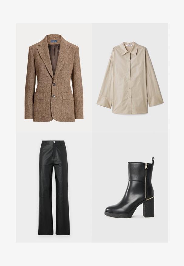 Hnědý vlněný blazer s bobřími vzory, s klopami, dvěma předními kapsami se záhybem, dvěma knoflíky a hladkým hnědým podšívkou.; Béžová košile s dlouhým rukávem, velkým špičatým límcem, knoflíkovým zapínáním a širokými manžetami. Vyrobena z hladkého, lehkého materiálu.; Černé kožené kalhoty s hladkou texturou, široký střih nohavic, zapínání na knoflík vpředu a jemné švy.; Černé kotníkové boty vyrobené z hladké kůže, s bočním zipem a texturovaným blokovým podpatkem. Design na klips s kulatou špičkou.