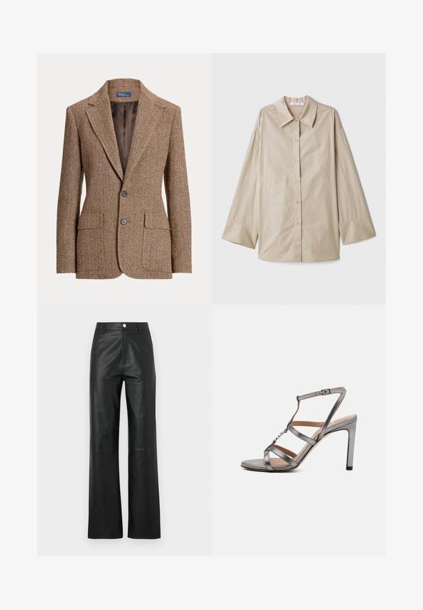 Hnedý vlněný blazer v rybí kostce s klopami, dvoma prednými vreckami s klopou, dvoma gombíkmi a hladkým hnedým podšívkou.; Béžová košeľa s dlhými rukávmi, veľkým špicatým golierom, s gombíkovým zapínaním a širokými manžetami. Vyrobená z hladkej, ľahkej tkaniny.; Čierne kožené nohavice s hladkým povrchom, širokým strihom, zapínaním na prednej strane a jemnými prešívacími detailami.; BOSS JANET - Sandále - silver