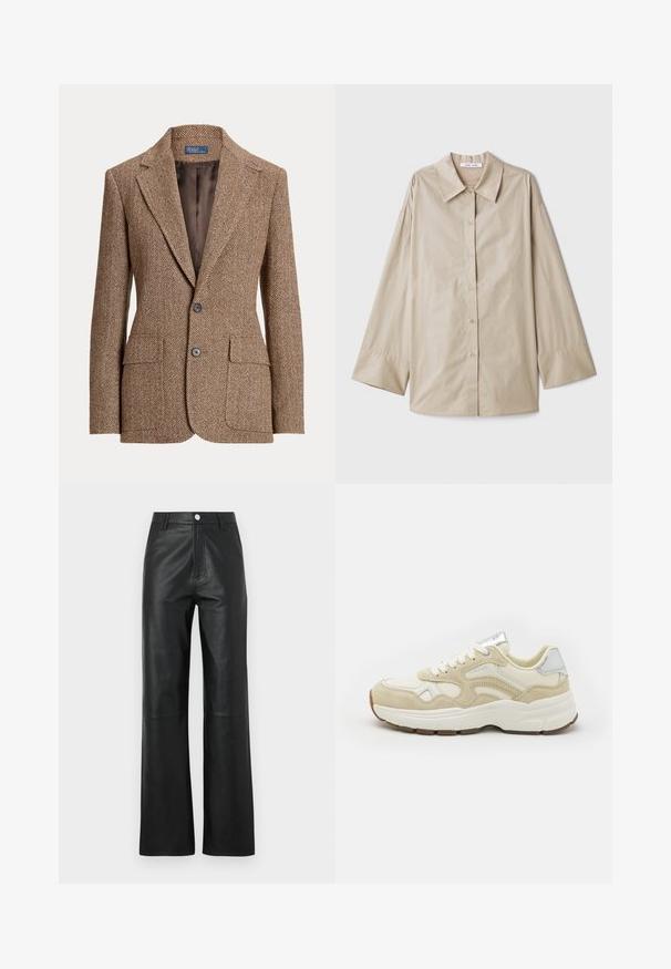 Brūns herringbone vilnas žakets ar izgrieztiem klājiem, divām priekšējām kabatām, divām pogām un gludu brūnu iekšējo oderi.; Bežs garām piedurknēm krekls ar lielu norādītu apkakli, pogu priekšpusē un platām piedurkņu aprocēm. Izgatavots no gludas, vieglas auduma.; Melnas ādas bikses ar gludu tekstūru, plašu kāju dizainu, priekšējo pogu aizdari un maigiem šuvuma elementiem.; Bežā apavu sneakers ar zamša un sieta materiāliem, noapaļots purngalis un baltas šņores. Sudraba akcenti uz papēža un mēles, teksturēta gumijas zole.