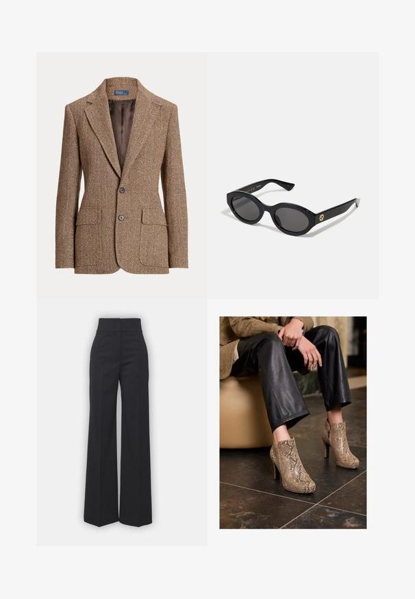 Brown herringbone wool blazer with notch lapels, two front flap pockets, two buttons, and smooth brown inner lining.; Beige long-sleeve shirt with a large pointed collar, button front, and wide sleeve cuffs. Made from a smooth, lightweight fabric.; Wide-leg trousers in black fabric with a high waistband, featuring a clean finish and smooth texture. No visible hardware or patterns.; Person wearing black leather pants and beige snakeskin-patterned high-heeled ankle boots, sitting on a beige seat indoors.; Black oval sunglasses with dark lenses and glossy plastic frame. Features gold logo on the temple, offering a sleek and modern design.