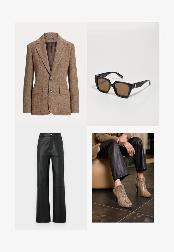 Polo Ralph Lauren HERRINGBONE LINEN BLEND BLAZER - Blazer - brown/cream; Beige Langarmhemd mit großem spitzen Kragen, Knopfleiste und breiten Ärmelbündchen. Hergestellt aus einem glatten, leichten Stoff.; Schwarze Lederhosen mit glatter Textur, weitem Bein, Frontknopfverschluss und dezenten Nähdetails.; Person in schwarzen Lederhosen und beigen High Heels mit Schlangenleder-Muster, sitzt auf einem beigen Sitzplatz drinnen.; Schwarze rechteckige Sonnenbrille mit braunen Gläsern, die einen goldenen Akzent am Bügel aufweist. Aus glattem Kunststoffmaterial und mit breitem Rahmendesign.