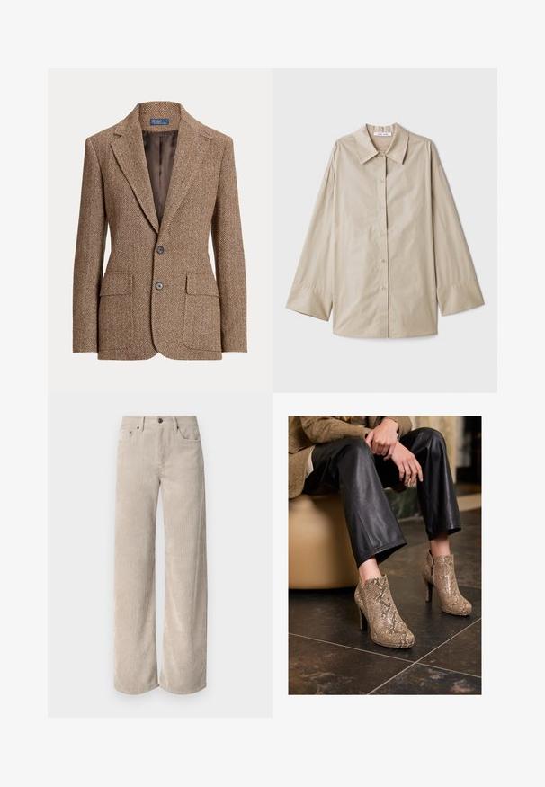 Brun herringbone ullblazer med slitslag, två framflikfickor, två knappar och slät brun innerfoder.; Beige långärmad skjorta med en stor spetsig krage, knäppning fram och breda ärmslut. Tillverkad av ett mjukt, lätt tyg.; Beiga kordfløyelsbyxor med vida ben och vertikala ränder, featuring a knäppning och framfickor. Mjuk, strukturerad tyg med en avslappnad passform.; Person som bär svarta läderbyxor och beige högklackade ankelskor med ormskinnsmönster, sittande på en beige stol inomhus.