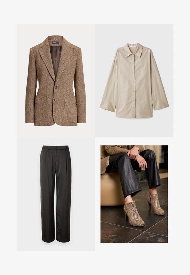 Smeđi vuneni blazer u riblju kost s reverima, dva prednja džepa s flapom, dva gumba i glatkom smeđom podstavom.; Bežina košulja dugih rukava s velikim šiljastim ovratnikom, kopčanjem sprijeda i širokim manžetama. Izrađena od glatkog, laganog materijala.; Crna, hlače visokog struka od glatkog materijala. Imaju ravni kroj, dva prednja nabora i petlje za remen.; Osoba koja nosi crne kožne hlače i bež čizme s uzorkom zmijske kože s visokom petom, sjedi na bež sjedalu unutra.