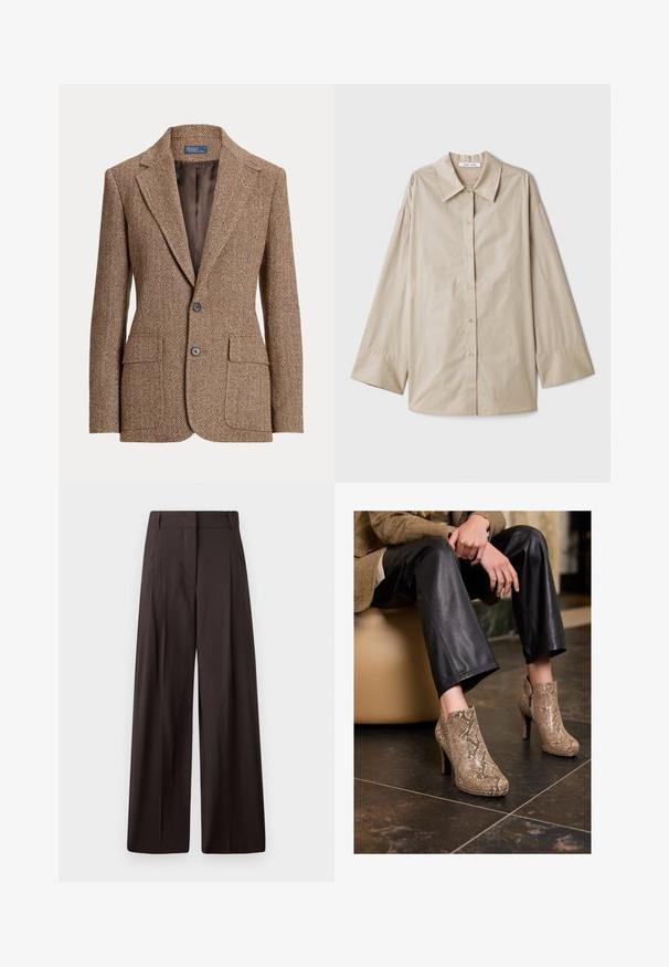 Brauner Herringbone-Wollblazer mit Reverskragen, zwei Fronttaschen mit Klappen, zwei Knöpfen und glatter brauner Innenseite.; Beige Langarmhemd mit großem spitzen Kragen, Knopfleiste und breiten Ärmelbündchen. Hergestellt aus einem glatten, leichten Stoff.; Schwarze weit geschnittene Hosen mit hoher Taille, vorn mit Falten, aus glattem Material und minimalistischer Gestaltung.; Person in schwarzen Lederhosen und beigen High Heels mit Schlangenleder-Muster, sitzt auf einem beigen Sitzplatz drinnen.