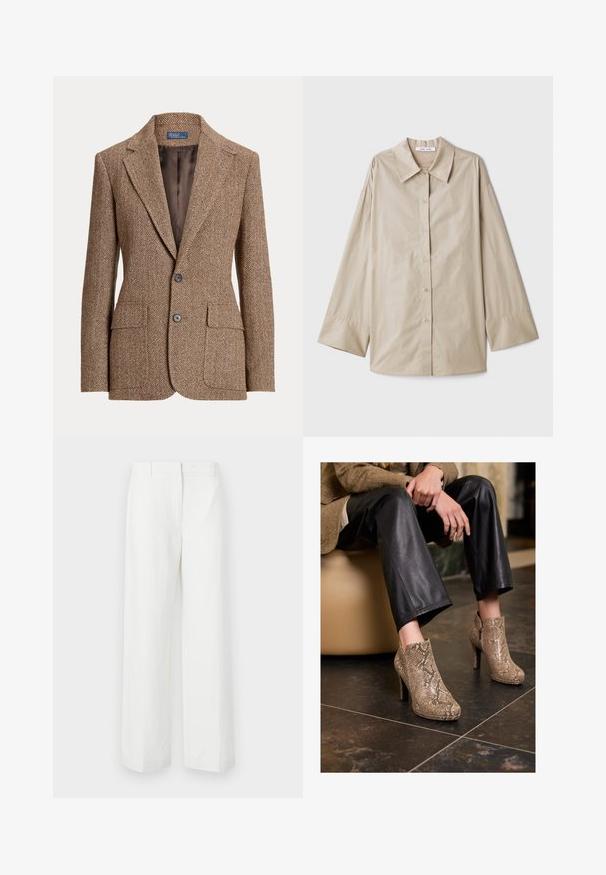 Brun hørfrakke i fiskebensmønster med notch-krave, to forreste klapkasser, to knapper og glat brun inderside.; Beige langærmet skjorte med en stor spidse krave, knaplukning foran og brede manchetter. Lavet af et glat, let stof.; Hvide brede bukser med en glat tekstur, der har en flad front og pressede folder. Lavet af letvægtsstof, uden synlige mønstre.; Person iført sorte læderbukser og beige højhælede ankelstøvler med slangeskinds mønster, siddende på en beige stol indendørs.