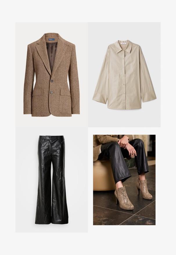 Hnedý vlněný blazer v rybí kostce s klopami, dvoma prednými vreckami s klopou, dvoma gombíkmi a hladkým hnedým podšívkou.; Béžová košeľa s dlhými rukávmi, veľkým špicatým golierom, s gombíkovým zapínaním a širokými manžetami. Vyrobená z hladkej, ľahkej tkaniny.; Čierne kožené nohavice s širokými nohavicami a hladkou textúrou, s klasickým pásom a bočnými vreckami. Dizajn je nezdobený a elegantný.; Osoba oblečená v čiernych kožených nohaviciach a béžových členkových topánkach na vysokých podpätkoch so vzorom hadej kože, sedí na béžovom sedadle vo vnútri.
