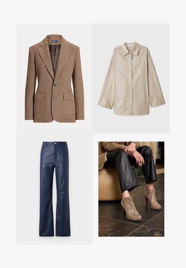 Blazer en laine marron à motif chevrons, avec des revers à cran, deux poches avant à rabat, deux boutons et une doublure intérieure marron lisse.; Chemise beige à manches longues avec un grand col pointu, fermeture à boutons, et larges poignets. Fabriquée dans un tissu lisse et léger.; Pantalons en cuir bleu marine avec une coupe droite, dotés d'une fermeture éclair à l'avant, d'un bouton de fermeture et d'une texture lisse.; Personne portant un pantalon en cuir noir et des bottines à talons hauts en simili cuir serpent beige, assise sur un siège beige à l'intérieur.