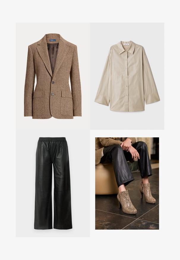Blazer en laine marron à motif chevrons, avec des revers à cran, deux poches avant à rabat, deux boutons et une doublure intérieure marron lisse.; Chemise beige à manches longues avec un grand col pointu, fermeture à boutons, et larges poignets. Fabriquée dans un tissu lisse et léger.; Pantalons larges en cuir noir avec une taille élastique, affichant une texture lisse et un minimalisme au niveau des coutures.; Personne portant un pantalon en cuir noir et des bottines à talons hauts en simili cuir serpent beige, assise sur un siège beige à l'intérieur.
