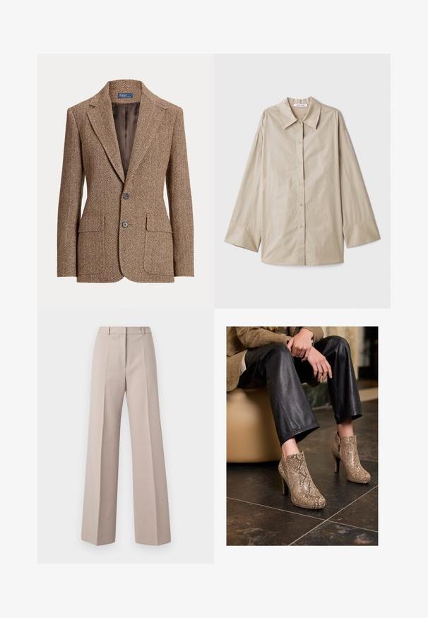 Brown herringbone wool blazer with notch lapels, two front flap pockets, two buttons, and smooth brown inner lining.; Beige long-sleeve shirt with a large pointed collar, button front, and wide sleeve cuffs. Made from a smooth, lightweight fabric.; Beige wide-leg trousers made from a smooth fabric, featuring a high waist, front pleats, and a tailored silhouette.; Person wearing black leather pants and beige snakeskin-patterned high-heeled ankle boots, sitting on a beige seat indoors.