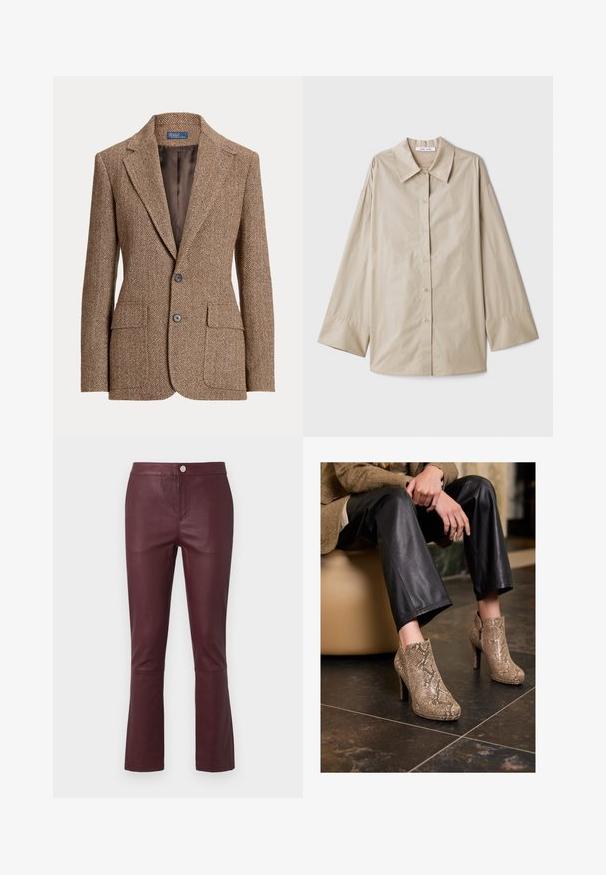 Blazer en laine marron à motif chevrons, avec des revers à cran, deux poches avant à rabat, deux boutons et une doublure intérieure marron lisse.; Chemise beige à manches longues avec un grand col pointu, fermeture à boutons, et larges poignets. Fabriquée dans un tissu lisse et léger.; Pantalons en simili cuir bordeaux avec une coupe slim, ourlet évasé, poches latérales et fermeture à bouton en métal à la taille. Texture lisse.; Personne portant un pantalon en cuir noir et des bottines à talons hauts en simili cuir serpent beige, assise sur un siège beige à l'intérieur.