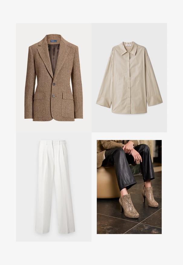 Barna herringbone mintás gyapjú blézer, befelé hajló hajtókákkal, két kabátzsebbel, két gombbal és sima barna bélésben.; Beige hosszú ujjú ing, nagy hegyes gallérral, gombos elülső résszel és széles ujjak végeivel. Simább, könnyű anyagból készült.; Fehér, plisszelt nadrág, széles szárú dizájnnal. Sima anyagból készült, igényes derékpánttal és tiszta, egyenes szegélyekkel.; Fekete bőrnadrágot és bézs kígyómintás magassarkú bokacsizmát viselő személy ül egy bézs ülésen, benti térben.