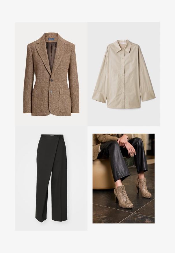 Smeđi vuneni blazer u riblju kost s reverima, dva prednja džepa s flapom, dva gumba i glatkom smeđom podstavom.; Bežina košulja dugih rukava s velikim šiljastim ovratnikom, kopčanjem sprijeda i širokim manžetama. Izrađena od glatkog, laganog materijala.; Crne hlače s dizajnom na obuvanje, širokim nogavicama i glatkim, strukturiranim materijalom. Bez vidljivih uzoraka ili akcenata.; Osoba koja nosi crne kožne hlače i bež čizme s uzorkom zmijske kože s visokom petom, sjedi na bež sjedalu unutra.