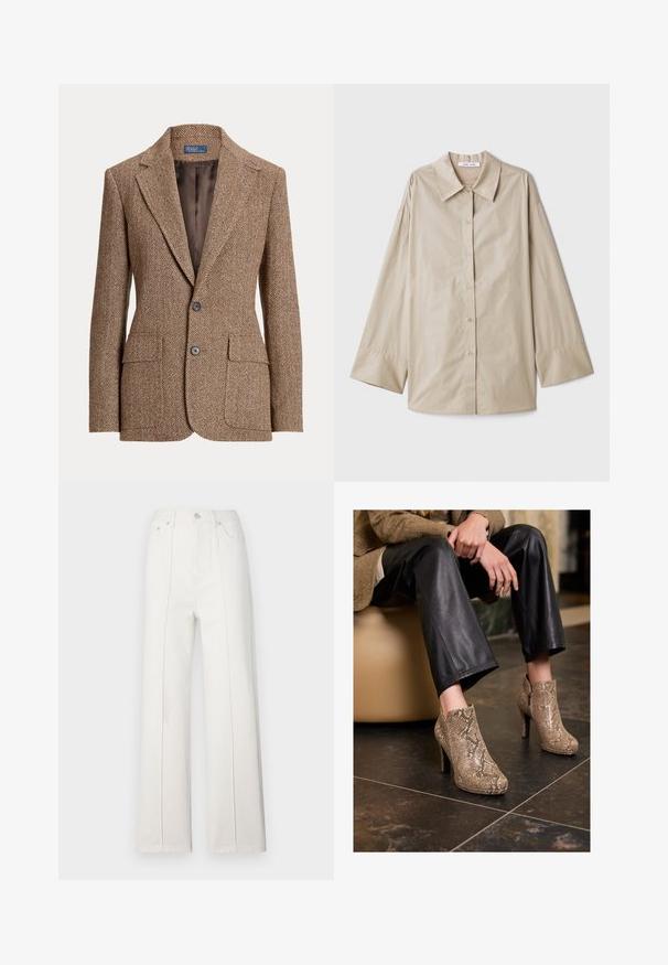 Smeđi vuneni blazer u riblju kost s reverima, dva prednja džepa s flapom, dva gumba i glatkom smeđom podstavom.; Bežina košulja dugih rukava s velikim šiljastim ovratnikom, kopčanjem sprijeda i širokim manžetama. Izrađena od glatkog, laganog materijala.; Bijele traperice širokih nogavica s visokim strukom, s vertikalnim šavovima i prednjim zatvaračem na dugme. Glatka tekstura s urednim dizajnom.; Osoba koja nosi crne kožne hlače i bež čizme s uzorkom zmijske kože s visokom petom, sjedi na bež sjedalu unutra.