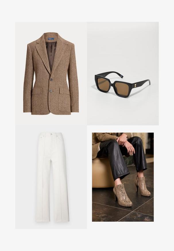 Hnedý vlněný blazer v rybí kostce s klopami, dvoma prednými vreckami s klopou, dvoma gombíkmi a hladkým hnedým podšívkou.; Béžová košeľa s dlhými rukávmi, veľkým špicatým golierom, s gombíkovým zapínaním a širokými manžetami. Vyrobená z hladkej, ľahkej tkaniny.; Biele denné široké nohavice s vysokým pásom, so vertikálnym šitím a predným zapínaním na gombík. Hladká textúra s čistým dizajnom.; Osoba oblečená v čiernych kožených nohaviciach a béžových členkových topánkach na vysokých podpätkoch so vzorom hadej kože, sedí na béžovom sedadle vo vnútri.; Čierne obdĺžnikové slnečné okuliare s hnedými šošovkami, s zlatým akcentom na ramene. Hladký plastový materiál a široký dizajn rámu.