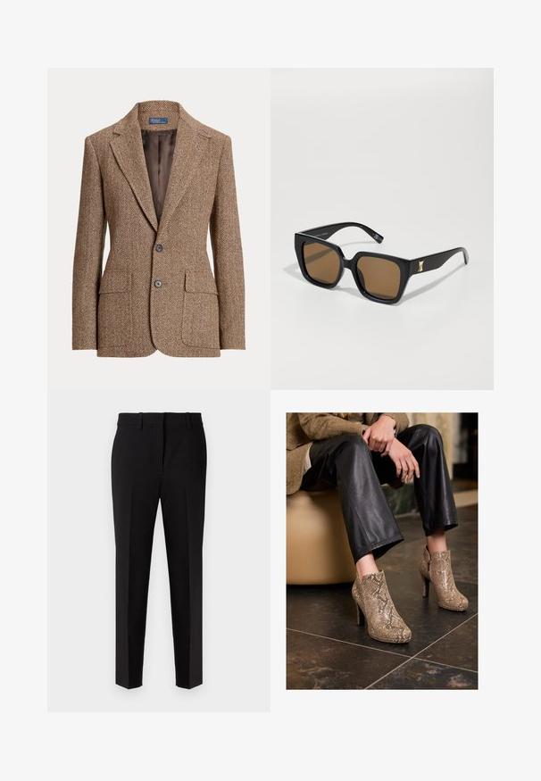 Brown herringbone wool blazer with notch lapels, two front flap pockets, two buttons, and smooth brown inner lining.; Beige long-sleeve shirt with a large pointed collar, button front, and wide sleeve cuffs. Made from a smooth, lightweight fabric.; Black dress pants with a straight leg design, made of smooth fabric. Features a flat front, belt loops, and a tailored finish.; Person wearing black leather pants and beige snakeskin-patterned high-heeled ankle boots, sitting on a beige seat indoors.; Black rectangular sunglasses with brown lenses, featuring a gold accent on the arm. Smooth plastic material and wide frame design.