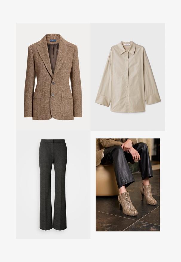 Rjav herringbone volnen blazer z notch ovratnikom, dvema sprednjima žepoma s poklopcem, dvema gumboma in gladkim rjavim notranjim oblogom.; Bež srajca z dolgimi rokavi, z velikim ostrim ovratnikom, gumbasto sprednjo zaponko in širokimi manšetami. Narejena iz gladkega, lahkega materiala.; Sive razširjene hlače iz teksturirane tkanine. Imajo ravno sprednjo stran, krojen silhueto in subtilen herringbone vzorec po celotni površini.; Oseba v črnih usnjenih hlačah in bež visokih čevljih z vzorcem kače, sedeča na bež sedežu v notranjosti.