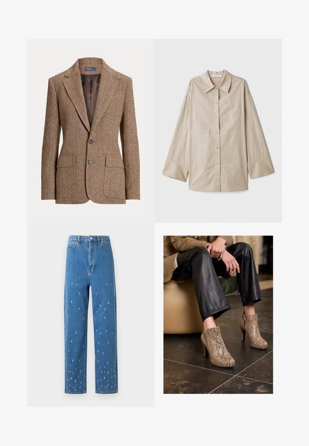 Rjav herringbone volnen blazer z notch ovratnikom, dvema sprednjima žepoma s poklopcem, dvema gumboma in gladkim rjavim notranjim oblogom.; Bež srajca z dolgimi rokavi, z velikim ostrim ovratnikom, gumbasto sprednjo zaponko in širokimi manšetami. Narejena iz gladkega, lahkega materiala.; Svetlo modre kavbojke z visokim pasom in ravnim krojem, z usklajenimi detajli z majhnimi razpokami in klasičnim petžepnim dizajnom.; Oseba v črnih usnjenih hlačah in bež visokih čevljih z vzorcem kače, sedeča na bež sedežu v notranjosti.