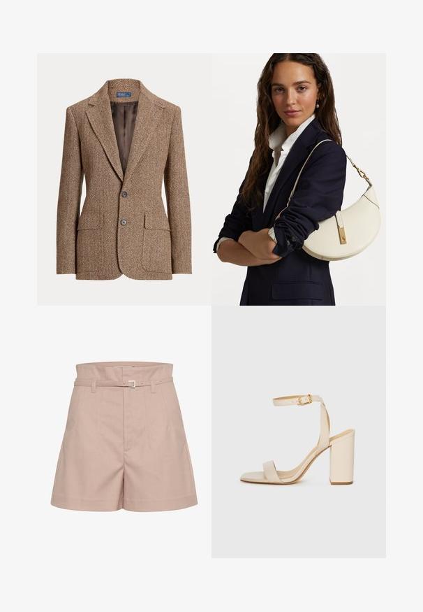 Brown herringbone wool blazer with notch lapels, two front flap pockets, two buttons, and smooth brown inner lining.; White long-sleeve button-up shirt, made of smooth fabric, featuring a classic collar and subtle shine, with a rounded hem and button details.; Light pink tailored shorts made of a textured fabric, featuring a wide waistband, belt loops, and a silver buckle detail.; Beige high-heeled sandal with a square toe, thin ankle strap, and block heel. Smooth leather texture with a gold buckle detail.; White leather handbag with a curved shape, gold hardware, and a textured finish, worn over a dark blazer and white shirt.
