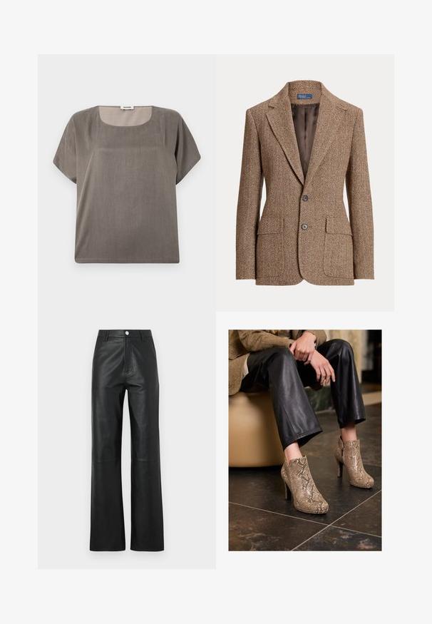 Brauner Herringbone-Wollblazer mit Reverskragen, zwei Fronttaschen mit Klappen, zwei Knöpfen und glatter brauner Innenseite.; Kurzarmoberteil in einem gedämpften Grauton, mit einem quadratischen Ausschnitt und einem lockeren Schnitt, aus einem leichten, strukturierten Stoff gefertigt.; Schwarze Lederhosen mit glatter Textur, weitem Bein, Frontknopfverschluss und dezenten Nähdetails.; Person in schwarzen Lederhosen und beigen High Heels mit Schlangenleder-Muster, sitzt auf einem beigen Sitzplatz drinnen.