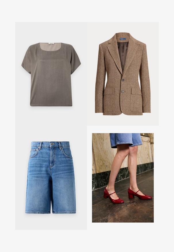 Brun hørfrakke i fiskebensmønster med notch-krave, to forreste klapkasser, to knapper og glat brun inderside.; Kortærmet top i en dæmpet grå farve, med en firkantet udskæring og en afslappet pasform, lavet af et let, tekstureret stof.; Lysblå denimshorts med høj talje, bred benvidde, fem lommer og syet detaljering langs kanterne.; Person iført skinnende røde Mary Jane blokhæle og nederdel i blå denim, som står på en mørk flisebelagt gulv nær en marmormur.