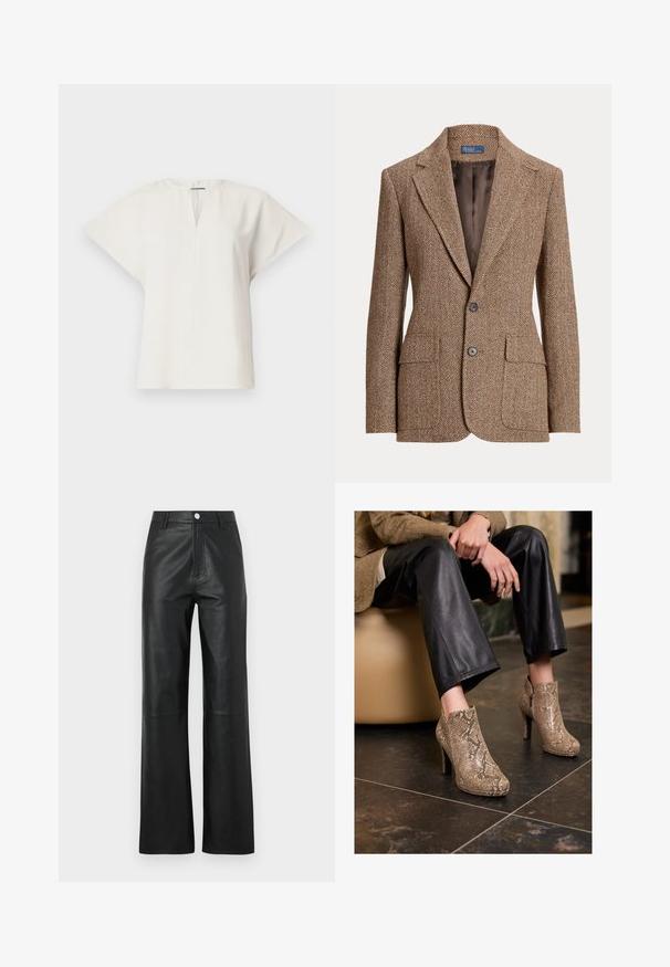 Barna herringbone mintás gyapjú blézer, befelé hajló hajtókákkal, két kabátzsebbel, két gombbal és sima barna bélésben.; Rövid ujjú, fehér felső V-nyakkal és laza szabással. Simább anyag, amelyen finom fény csillog, és oldalsó hasítékok a szabad mozgás érdekében.; Fekete bőr nadrág sima textúrával, széles lábú dizájnnal, elöl gombos záródással és diszkrét varrási részletekkel.; Fekete bőrnadrágot és bézs kígyómintás magassarkú bokacsizmát viselő személy ül egy bézs ülésen, benti térben.