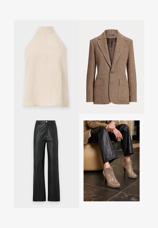 Hnědý vlněný blazer s bobřími vzory, s klopami, dvěma předními kapsami se záhybem, dvěma knoflíky a hladkým hnědým podšívkou.; Beige halterní top, bez rukávů, měkká tkanina s hladkým povrchem, vysoký límec a A-liniová silueta. Minimalistický styl.; Černé kožené kalhoty s hladkou texturou, široký střih nohavic, zapínání na knoflík vpředu a jemné švy.; Osoba v černých kožených kalhotách a béžových vysokých botách s hadím vzorem, sedící na béžovém sedadle uvnitř.
