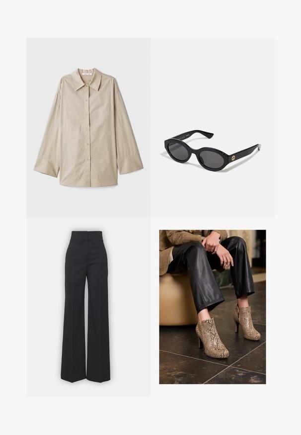Hnedý vlněný blazer v rybí kostce s klopami, dvoma prednými vreckami s klopou, dvoma gombíkmi a hladkým hnedým podšívkou.; Béžová košeľa s dlhými rukávmi, veľkým špicatým golierom, s gombíkovým zapínaním a širokými manžetami. Vyrobená z hladkej, ľahkej tkaniny.; Široké nohavice z čiernej tkaniny s vysokým pásom, s čistým lemovaním a hladkou textúrou. Bez viditeľných kovových prvkov alebo vzorov.; Osoba oblečená v čiernych kožených nohaviciach a béžových členkových topánkach na vysokých podpätkoch so vzorom hadej kože, sedí na béžovom sedadle vo vnútri.; Čierne oválne slnečné okuliare s tmavými sklami a lesklým plastovým rámom. Obsahujú zlaté logo na stráne, čo im dáva elegantný a moderný dizajn.
