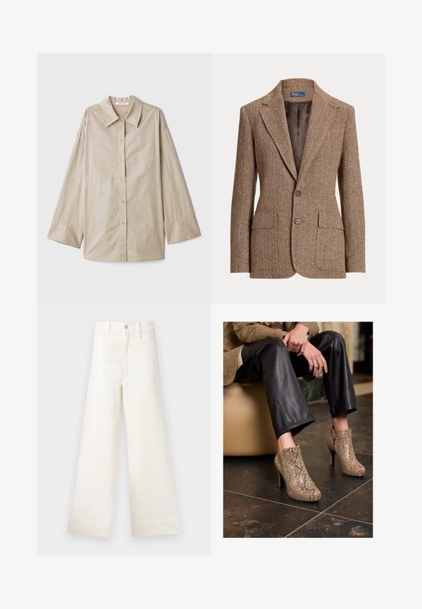 Blazer in lana a motivo a spina di pesce marrone con rever a lancia, due tasche a patta frontali, due bottoni e foderato in morbido tessuto marrone.; Camicia beige a maniche lunghe con un ampio colletto a punta, chiusura con bottoni e polsini larghi. Realizzata in un tessuto morbido e leggero.; Pantaloni a gamba larga in cotone beige chiaro. Caratterizzati da vita alta, tasche anteriori e un taglio dritto. Orlo pulito senza motivi.; Persona vestita con pantaloni in pelle nera e stivali alla caviglia con tacco alto in pelle d'anguilla beige, seduta su una sedia beige all'interno.