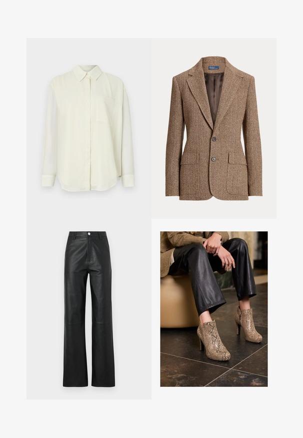 Brauner Herringbone-Wollblazer mit Reverskragen, zwei Fronttaschen mit Klappen, zwei Knöpfen und glatter brauner Innenseite.; Helle Cremefarbene Hemd mit klassischem Kragen, langen Ärmeln, einer Brusttasche und einer glatten, weichen Stofftextur.; Schwarze Lederhosen mit glatter Textur, weitem Bein, Frontknopfverschluss und dezenten Nähdetails.; Person in schwarzen Lederhosen und beigen High Heels mit Schlangenleder-Muster, sitzt auf einem beigen Sitzplatz drinnen.