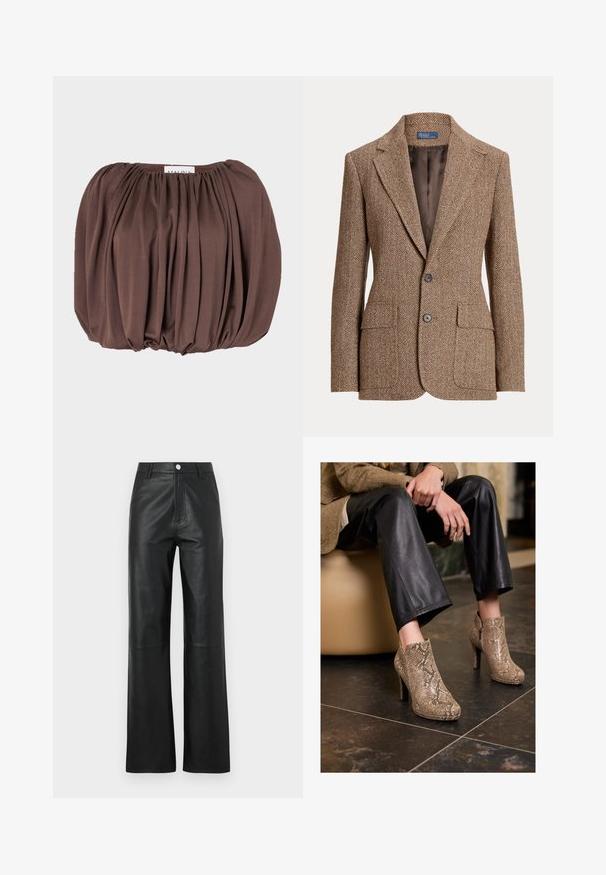 Blazer din lână maro în carouri hașurate, cu rever în notă, două buzunare frontale cu clapetă, două nasturi și căptușeală interioară netedă maro.; Top maro cu maneci puff, realizat dintr-un material moale, cu un design plisat, având un guler gathered și un tiv rotunjit.; Pantaloni din piele neagră cu o textură netedă, design cu picioare largi, închidere frontală cu buton și detalii de cusătură subtile.; Persoană îmbrăcată în pantaloni din piele neagră și cizme cu toc înalt, cu model de șarpe bej, așezată pe un scaun bej în interior.