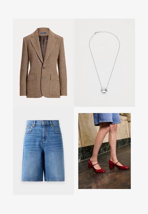 Καφέ σακάκι από μάλλινο ύφασμα με ρόμβους, με λαιμόκοψη notch, δύο μπροστινές τσέπες με καπάκι, δύο κουμπιά και λεία καφέ εσωτερική επένδυση.; Κρέμ ribbed tank top με λεπτές τιράντες, εφαρμοστό σχέδιο και ευθεία κόψη. Η ετικέτα γράφει "IVY OAK." Το υλικό φαίνεται μαλακό και ελαστικό.; Τζιν σορτς σε ανοιχτό μπλε, με ψηλή μέση, φαρδιά γραμμή, πέντε τσέπες και ραμμένες λεπτομέρειες κατά μήκος των άκρων.; Άτομο που φοράει λαμπερές κόκκινες Mary Jane τακούνια τύπου block και μπλε τζιν φούστα, στέκεται σε σκοτεινό πλακίδιο δαπέδου κοντά σε μάρμαρο τοίχο.; Ασημένιο κολιέ με λείο, στρογγυλό σχέδιο και δύο κομμένα διακοσμητικά στοιχεία. Διαθέτει λεπτή αλυσίδα και ασφαλές κούμπωμα.