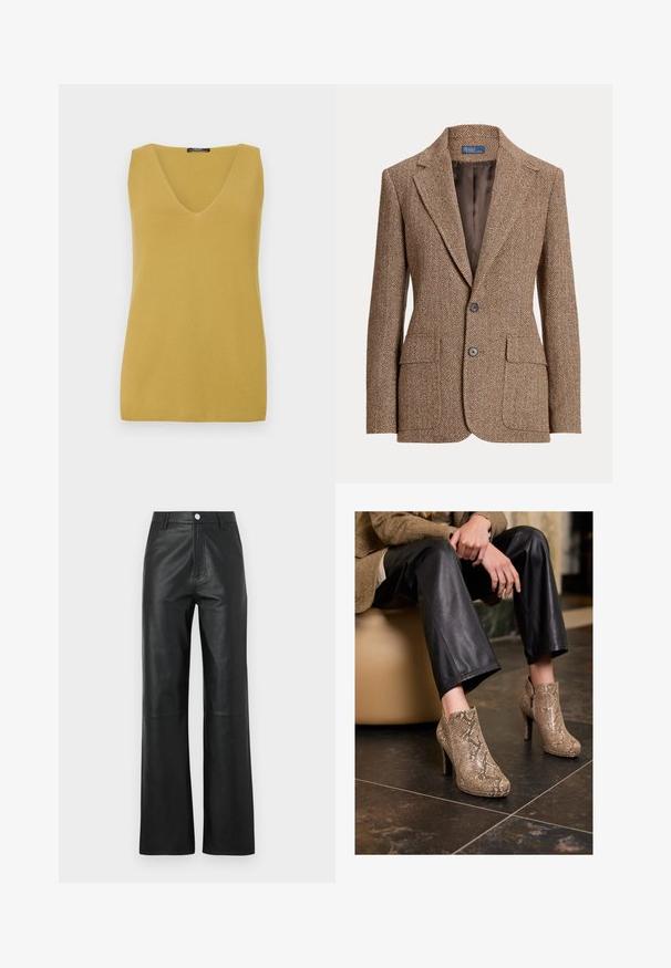 Ruskea herringbone-villablazer, jossa on novellikaariset läpät, kaksi etulokeroa, kaksi nappia ja sileä ruskea vuori.; Sininen keltainen ilmanhiha, jossa on V-pääntie, valmistettu teksturoidusta neulontamateriaalista, yksinkertaisella suoran leikkauksen designilla.; Beige pitkähihaine paita, jossa on suuri terävä kaulus, nappisulku ja leveät hihansuut. Valmistettu sileästä, kevyestä kankaasta.; Mustat nahkahousut, joissa on sileä pinta, leveä lahjesuunnittelu, etupainikekiinnitys ja hienovaraiset ommelk yksityiskohdat.; Henkilö, joka on pukeutunut mustiin nahkahousuihin ja beigekirjavaan käärmeennahkakuosiset nilkkakorkokenkiin, istuu beigellä istuimella sisätiloissa.