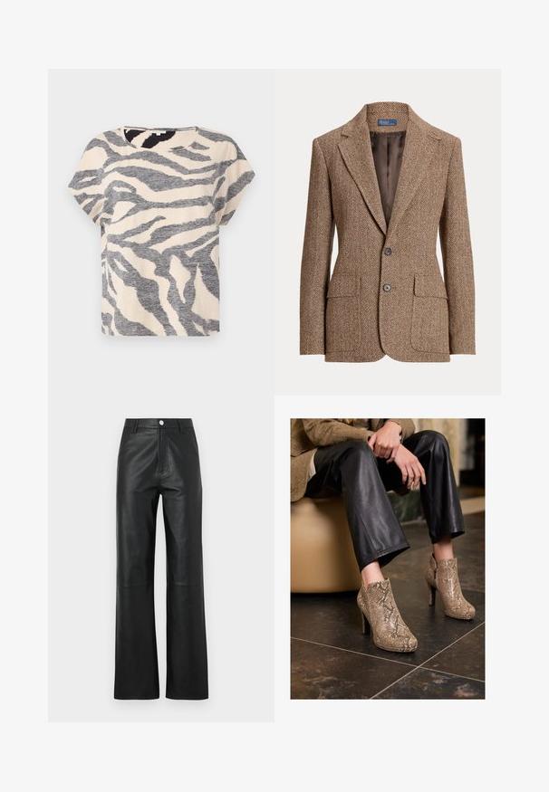 Smeđi vuneni blazer u riblju kost s reverima, dva prednja džepa s flapom, dva gumba i glatkom smeđom podstavom.; Majica kratkih rukava u bež boji s sivim prugama na zebru, okrugli izrez i mekan, teksturiran materijal. Ležeran kroj s opuštenom siluetom.; Bežina košulja dugih rukava s velikim šiljastim ovratnikom, kopčanjem sprijeda i širokim manžetama. Izrađena od glatkog, laganog materijala.; Crne kožne hlače s glatkom teksturom, širokim krojem, prednjim dugmetom za zatvaranje i suptilnim detaljima šivanja.; Osoba koja nosi crne kožne hlače i bež čizme s uzorkom zmijske kože s visokom petom, sjedi na bež sjedalu unutra.