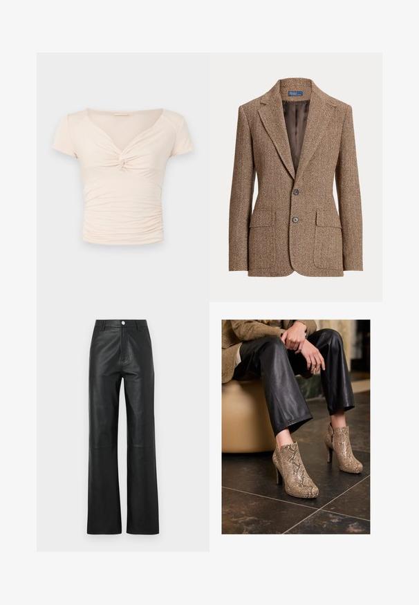 Brown herringbone wool blazer with notch lapels, two front flap pockets, two buttons, and smooth brown inner lining.; Light beige short-sleeve top with a V-neck and twist detail at the front, featuring gathered texture along the sides for fitted design.; Black leather pants with a smooth texture, wide leg design, front button closure, and subtle stitching details.; Person wearing black leather pants and beige snakeskin-patterned high-heeled ankle boots, sitting on a beige seat indoors.
