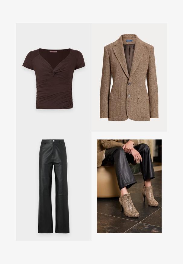 Brown herringbone wool blazer with notch lapels, two front flap pockets, two buttons, and smooth brown inner lining.; Brown short-sleeve top with a V-neck and twist front detail. Features ruched fabric for a fitted look, made from soft, stretchy material.; Black leather pants with a smooth texture, wide leg design, front button closure, and subtle stitching details.; Person wearing black leather pants and beige snakeskin-patterned high-heeled ankle boots, sitting on a beige seat indoors.