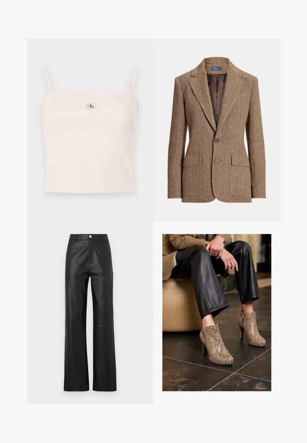 Blazer in lana a motivo a spina di pesce marrone con rever a lancia, due tasche a patta frontali, due bottoni e foderato in morbido tessuto marrone.; Canotta rosa chiaro a costine con spalline sottili, con scollatura quadrata e un piccolo etichetta logo sul davanti.; Pantaloni in pelle nera con una texture liscia, design a gamba larga, chiusura anteriore con bottone e dettagli di cucitura discreti.; Persona vestita con pantaloni in pelle nera e stivali alla caviglia con tacco alto in pelle d'anguilla beige, seduta su una sedia beige all'interno.