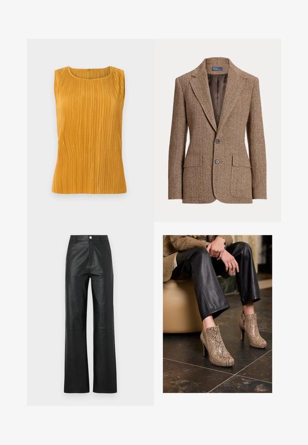Rjav herringbone volnen blazer z notch ovratnikom, dvema sprednjima žepoma s poklopcem, dvema gumboma in gladkim rjavim notranjim oblogom.; Gorčica rumena brezrokavna majica z navpičnimi naborki, okroglo izrezom in gladko teksturo. Preprost dizajn brez dodatnih okrasnih elementov.; Črne usnjene hlače z gladko teksturo, širokim krojem, sprednjim gumbom in diskretnimi šivi.; Oseba v črnih usnjenih hlačah in bež visokih čevljih z vzorcem kače, sedeča na bež sedežu v notranjosti.