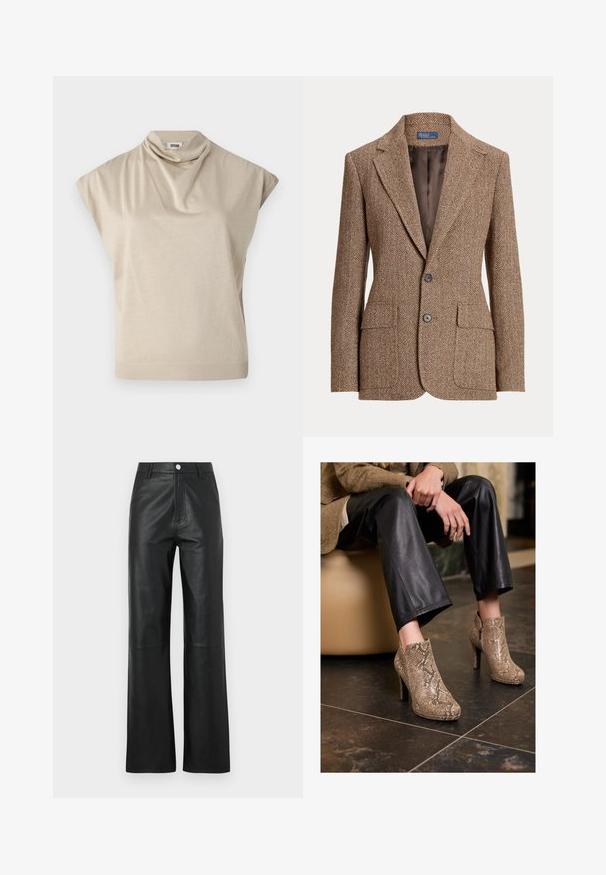 Brown herringbone wool blazer with notch lapels, two front flap pockets, two buttons, and smooth brown inner lining.; Beige short-sleeve top with a draped cowl neck. Smooth texture, fitted waist, and ribbed hem. Made from lightweight, stretchy fabric.; Black leather pants with a smooth texture, wide leg design, front button closure, and subtle stitching details.; Person wearing black leather pants and beige snakeskin-patterned high-heeled ankle boots, sitting on a beige seat indoors.