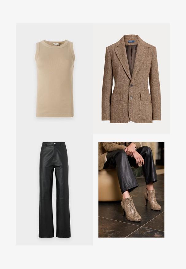 Brown herringbone wool blazer with notch lapels, two front flap pockets, two buttons, and smooth brown inner lining.; Beige sleeveless top made of ribbed fabric with a round neck, featuring tonal stitching and a fitted design.; Beige long-sleeve shirt with a large pointed collar, button front, and wide sleeve cuffs. Made from a smooth, lightweight fabric.; Black leather pants with a smooth texture, wide leg design, front button closure, and subtle stitching details.; Person wearing black leather pants and beige snakeskin-patterned high-heeled ankle boots, sitting on a beige seat indoors.