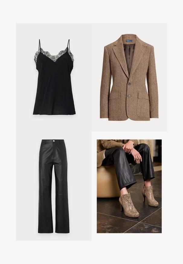 Hnědý vlněný blazer s bobřími vzory, s klopami, dvěma předními kapsami se záhybem, dvěma knoflíky a hladkým hnědým podšívkou.; Černá tílko s tenkými ramínky, ve tvaru V a zdobené krajkovým lemem kolem výstřihu, vyrobené z hladké, lehké látky.; Černé kožené kalhoty s hladkou texturou, široký střih nohavic, zapínání na knoflík vpředu a jemné švy.; Osoba v černých kožených kalhotách a béžových vysokých botách s hadím vzorem, sedící na béžovém sedadle uvnitř.