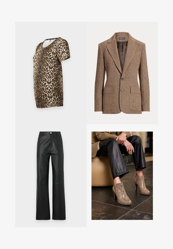 Rjav herringbone volnen blazer z notch ovratnikom, dvema sprednjima žepoma s poklopcem, dvema gumboma in gladkim rjavim notranjim oblogom.; Majica s leopardjim vzorcem, ki ima v-izrez, kratke rokave in mehak, teksturiran material v odtenkih rjave in zlate na črni podlagi.; Bež srajca z dolgimi rokavi, z velikim ostrim ovratnikom, gumbasto sprednjo zaponko in širokimi manšetami. Narejena iz gladkega, lahkega materiala.; Črne usnjene hlače z gladko teksturo, širokim krojem, sprednjim gumbom in diskretnimi šivi.; Oseba v črnih usnjenih hlačah in bež visokih čevljih z vzorcem kače, sedeča na bež sedežu v notranjosti.