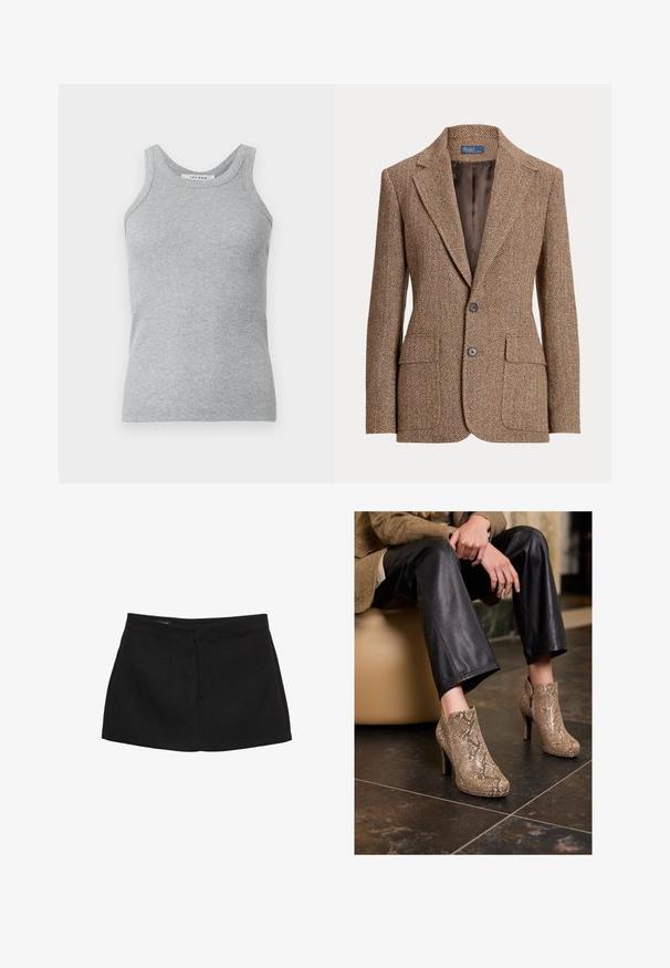 Rjav herringbone volnen blazer z notch ovratnikom, dvema sprednjima žepoma s poklopcem, dvema gumboma in gladkim rjavim notranjim oblogom.; Siv špagetasti top s okroglim izrezom in širokimi naramnicami. Tkanina je mehke teksture in prilega se telesu.; Bež srajca z dolgimi rokavi, z velikim ostrim ovratnikom, gumbasto sprednjo zaponko in širokimi manšetami. Narejena iz gladkega, lahkega materiala.; Črna mini krilo s strukturiranim pasom, gladko teksturo in ravno silhueto. Ima brez vidnih žepov ali okrasnih elementov.; Oseba v črnih usnjenih hlačah in bež visokih čevljih z vzorcem kače, sedeča na bež sedežu v notranjosti.